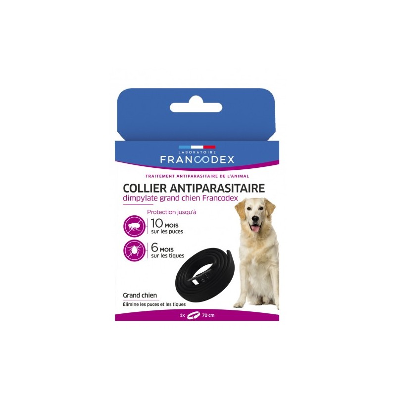 Collier antiparasitaire dimpylate pour chien 20-40 kg - Durée 300 jours puces Collier antiparasitaire dimpylate pour chien 20-40 kg - Durée 300 jours puces