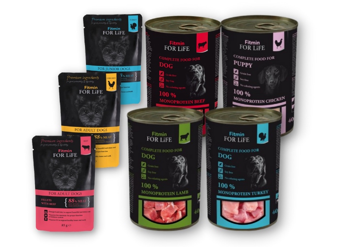 Boites de pâtées pour chien Fitmin, sans céréales et sans OGM.